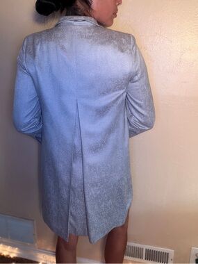 Eileen Fisher Silk 90s High-Fashion Light Gray Long Blazer Jacket